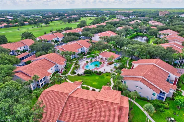 Bird's eye view of a pool area and a local golf course