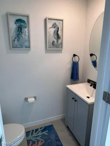 Half bathroom with vanity and toilet