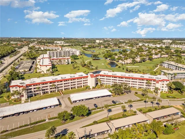 Aerial view of Seven Lakes building #23, carport spaces, and golf cart spaces