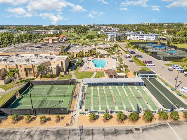 View of pickleball courts, shuffleboard, and bocce courts