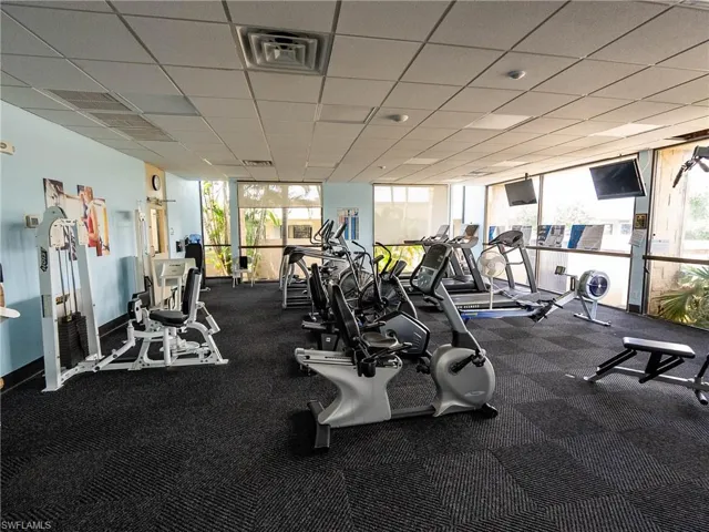 Gym with expansive windows and a drop ceiling