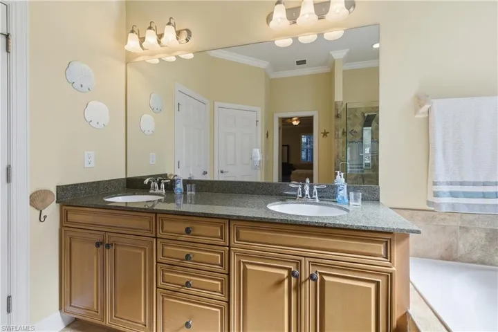 Full bathroom featuring double vanity, ornamental molding, and tiled bath