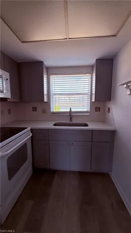 Kitchen featuring gray cabinetry, white countertops, stainless steel sink with gooseneck faucet, white appliances, and wood-finish flooring