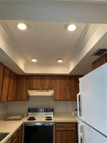 Kitchen with crown molding, refrigerator, custom exhaust hood, a raised ceiling, and stove