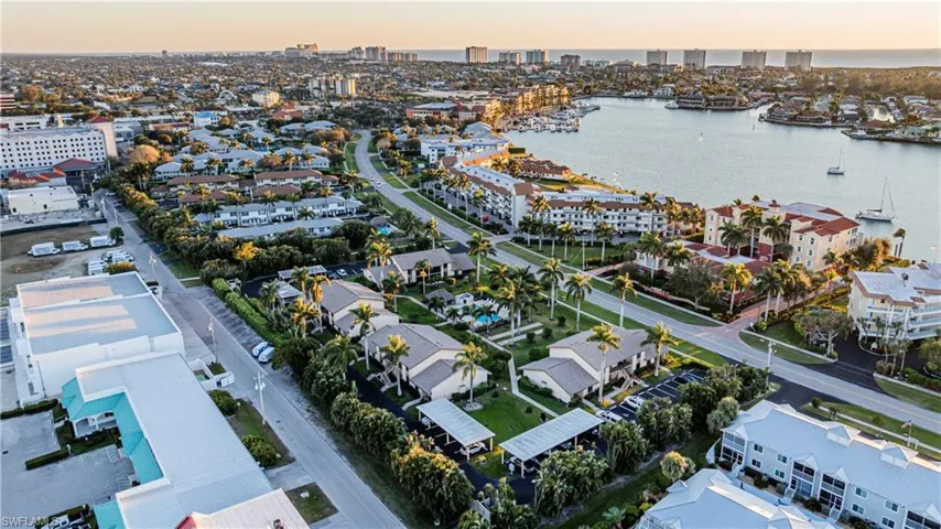 Aerial view at dusk of a water view and a city view