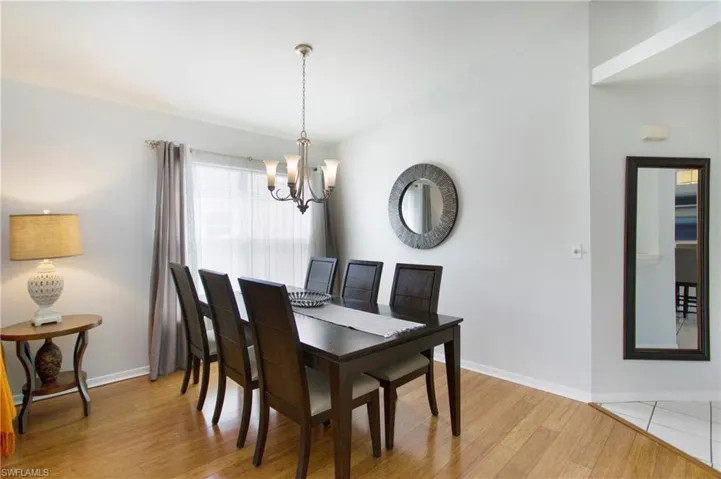 Dining room featuring light wood-style flooring and a chandelier