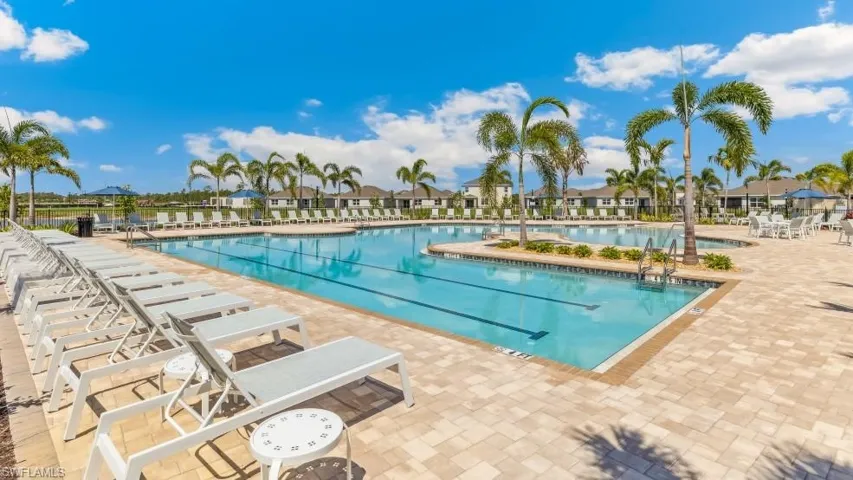 Expansive outdoor swimming pool with a paved deck, surrounded by numerous lounge chairs and palm trees