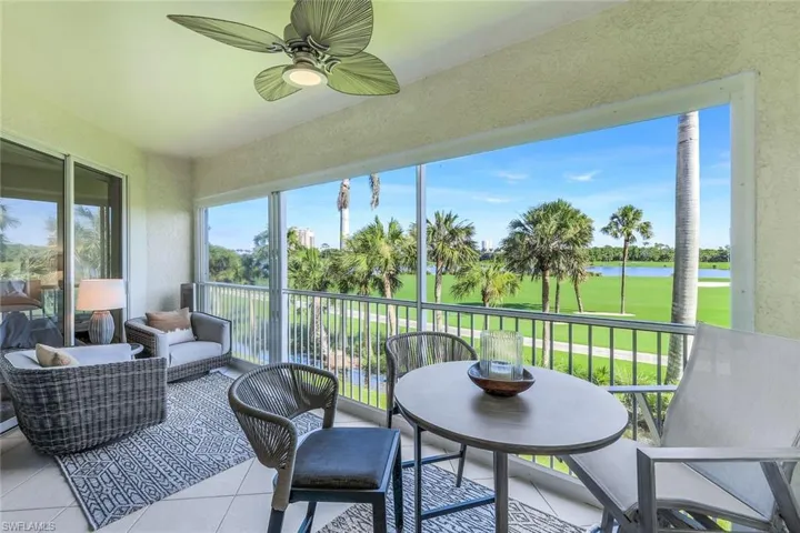 Screened in and Glassed in Lanai featuring golf course view, a Water View