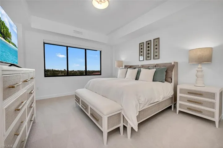 Bedroom with light colored carpet and a tray ceiling