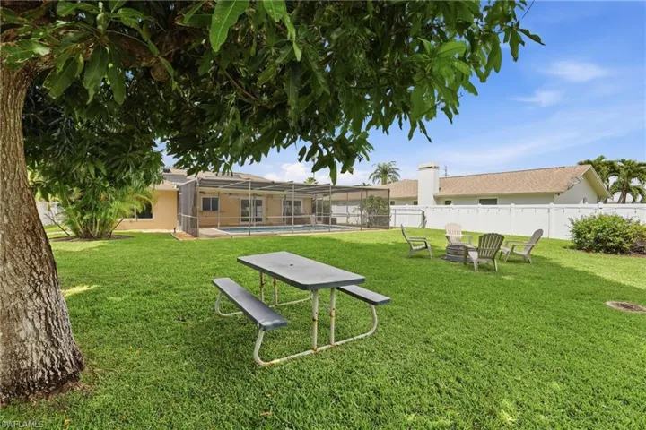 Fully Fenced Backyard Space - Fruit Trees, Picnic Area, Adirondack Chairs surrounding Firepit.