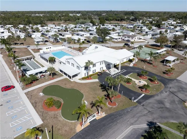 Aerial view of residential area with a pool area