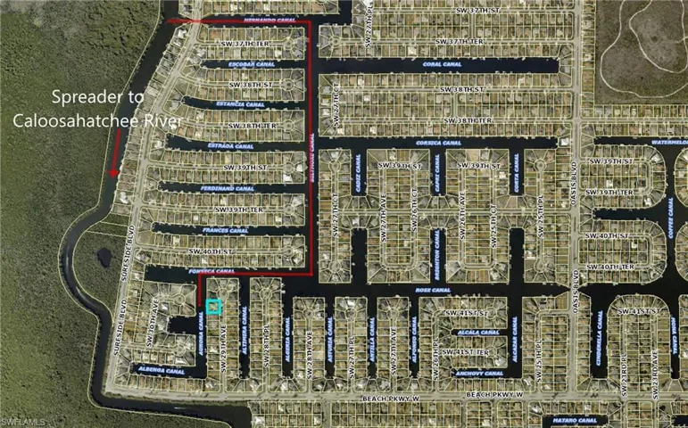 Aerial Map. Illustrating the property's location relative to canals and a river system