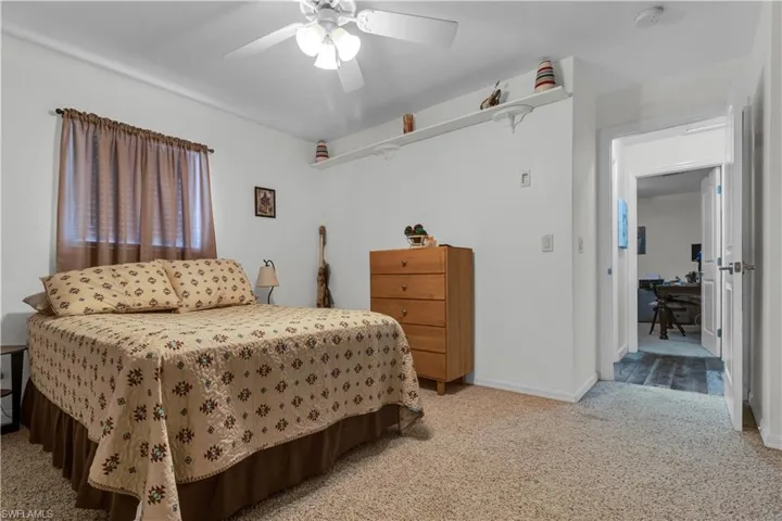 Carpeted room with a ceiling fan light fixture