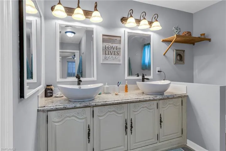 Double vanity featuring vessel sinks and dark bronze faucets