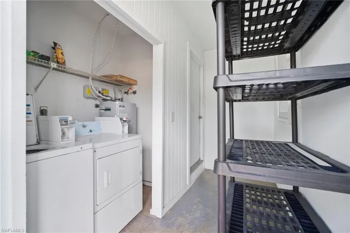 Laundry room featuring water heater and washing machine and dryer