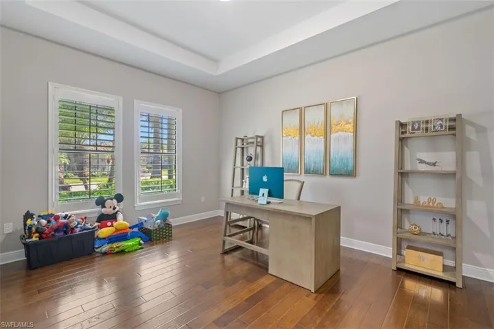 Office featuring a tray ceiling and dark hardwood / wood-style floors