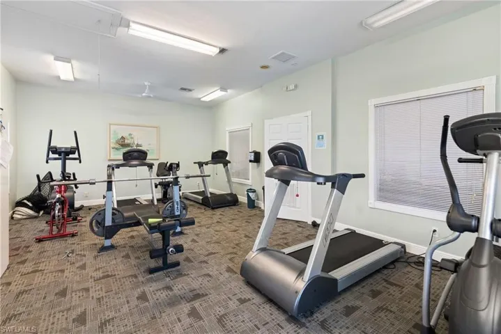 Gym featuring attic access, carpet, and baseboards