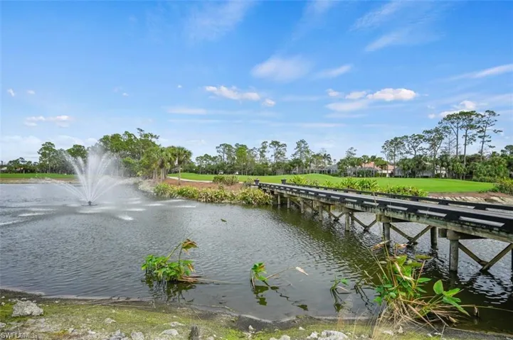 Water feature with central fountain, timber pedestrian bridge, manicured green space, and mature palm trees
