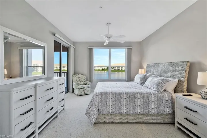 Bedroom featuring a water view and a ceiling fan