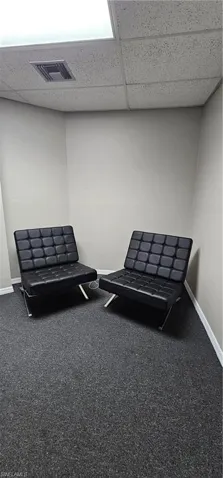 Living area featuring a drop ceiling and carpet flooring