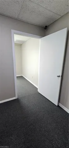 Finished below grade area with dark carpet and a drop ceiling