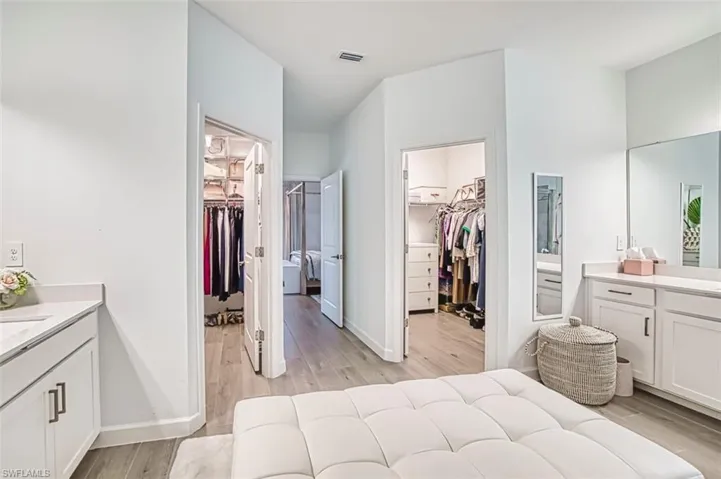 Bedroom with connected bathroom, a spacious closet, and light wood-style flooring