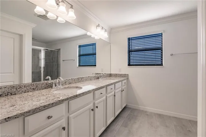 Bathroom featuring vanity, a shower with shower door, and crown molding