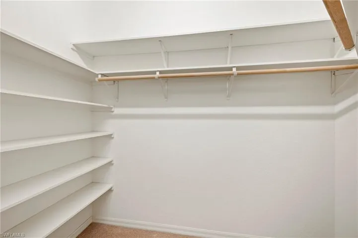 Walk in closet with light colored carpet
