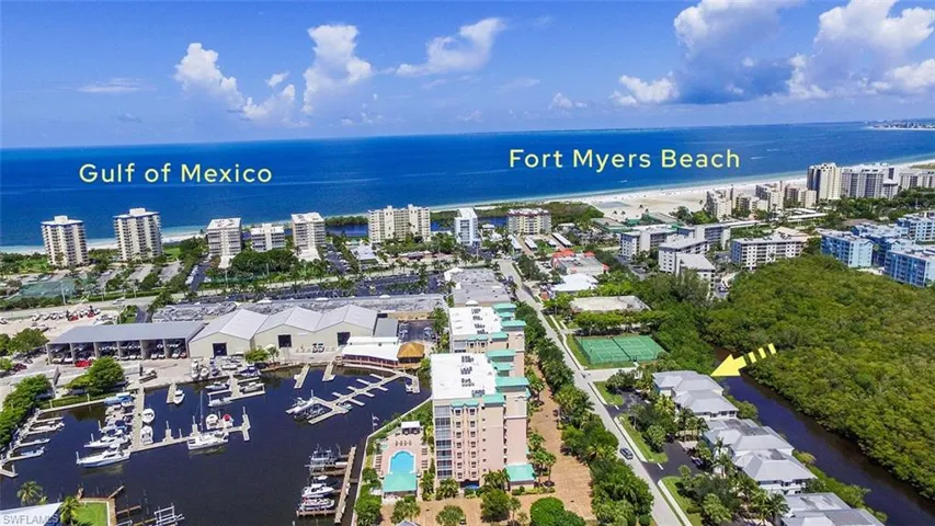 Birds eye view of property with a water view and a view of city
