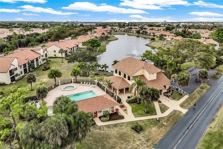 Aerial view of clubhouse and main pool area.