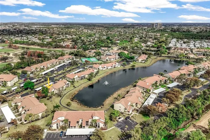 Aerial perspective of lake a Club at Crystal Lake community.