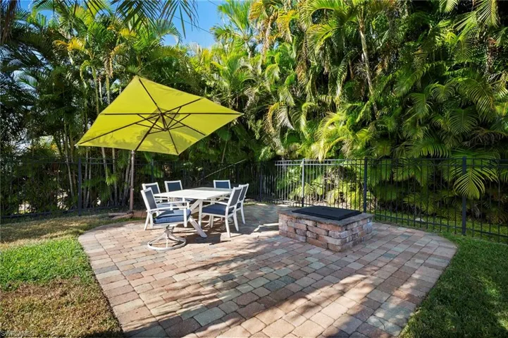 Fenced backyard with a patio area and outdoor dining space