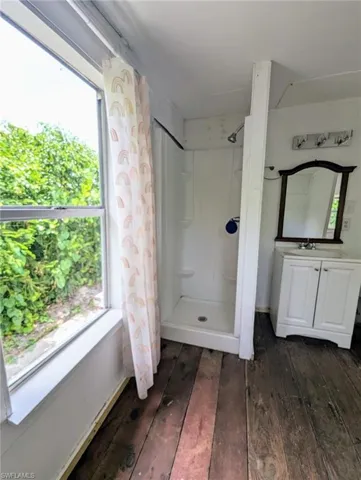 Bathroom with large vanity, curtained shower, and hardwood / wood-style floors