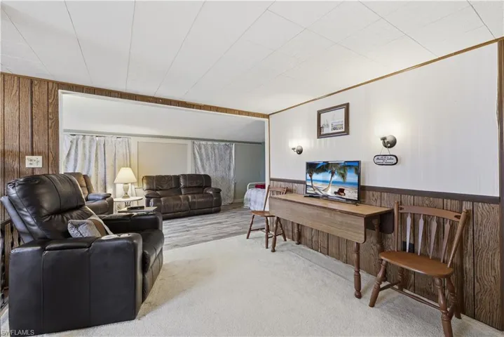 Carpeted living area with wooden walls