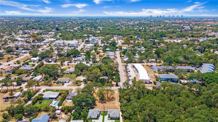 Expansive aerial perspective showcasing a residential area with mature trees and a distant skyline