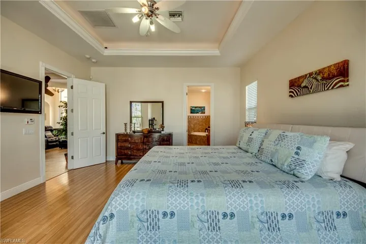 Bedroom with ceiling fan, light hardwood / wood-style floors, a raised ceiling, and multiple windows