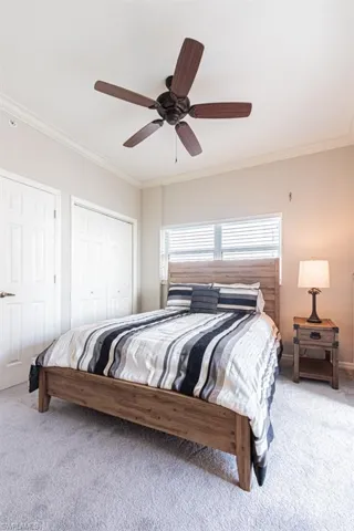 Carpeted bedroom featuring ornamental molding, a closet, and ceiling fan