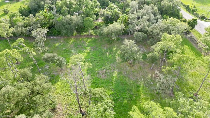Aerial view of property and surrounding area with a forest