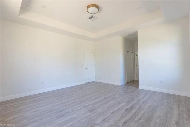 Empty room featuring a tray ceiling and light wood-style flooring