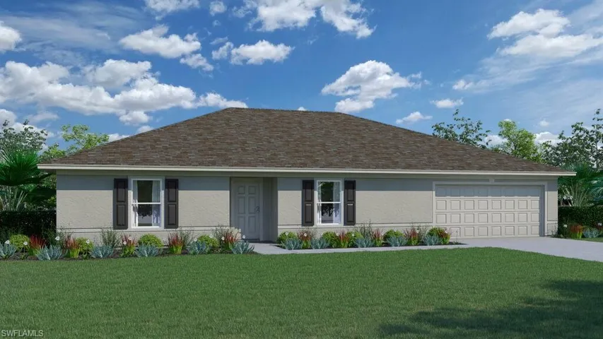Single story home with a front yard, an attached garage, concrete driveway, and roof with shingles
