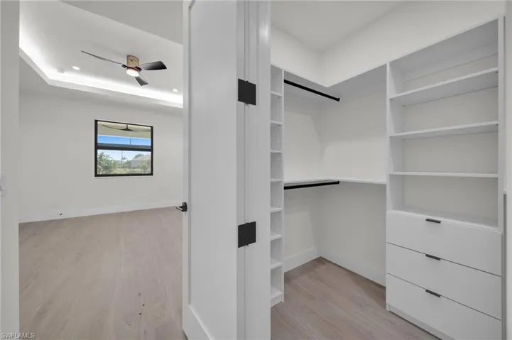 Spacious closet featuring light wood-style floors, a ceiling fan, and a tray ceiling