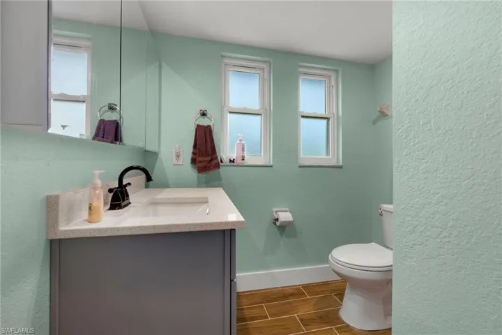 Bathroom featuring vanity, a healthy amount of sunlight, and toilet