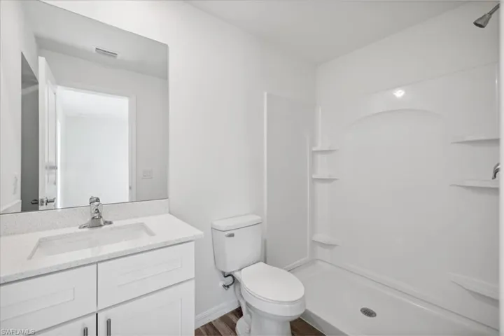 Bathroom with vanity, toilet, wood-type flooring, and a shower