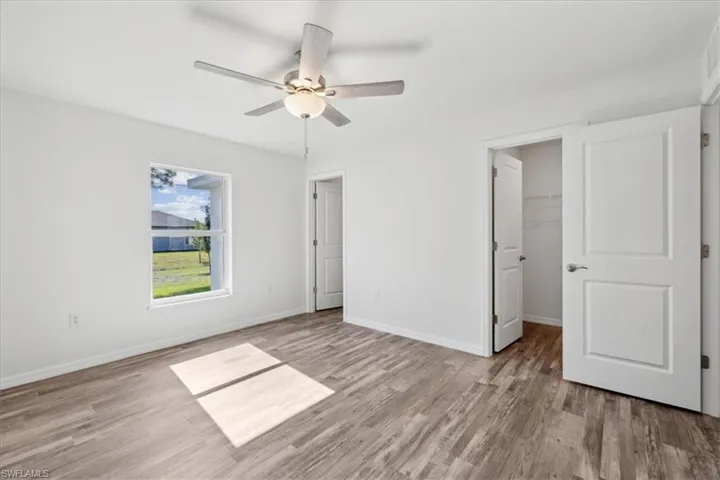 Unfurnished bedroom featuring a walk in closet, ceiling fan, a closet, and wood-type flooring