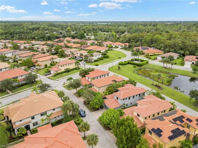 Aerial view of residential area with a nearby body of water
