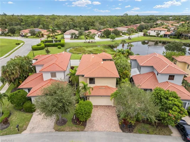 Aerial perspective of suburban area featuring a large body of water