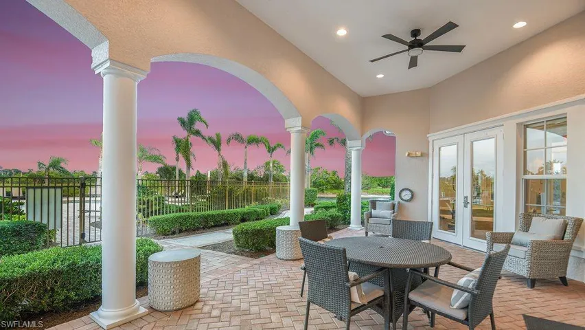 View of Community Clubhouse patio area featuring ceiling fan, and outdoor dining area