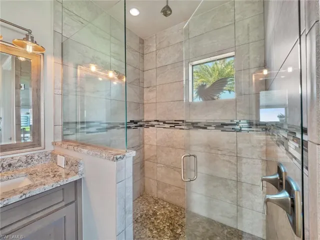Full bathroom featuring a shower stall and vanity