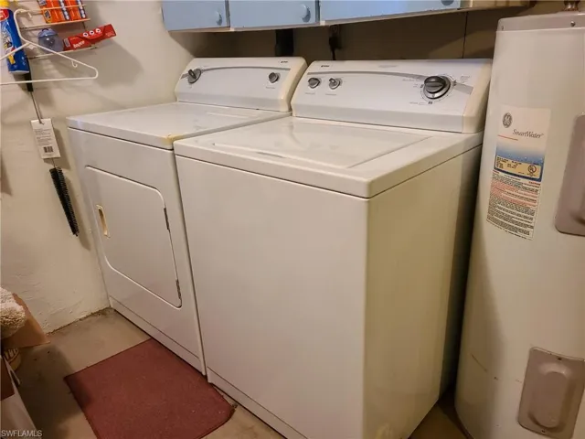 Laundry room with water heater and washing machine and dryer