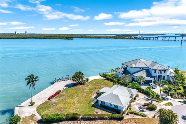Birds eye view of property with a water view